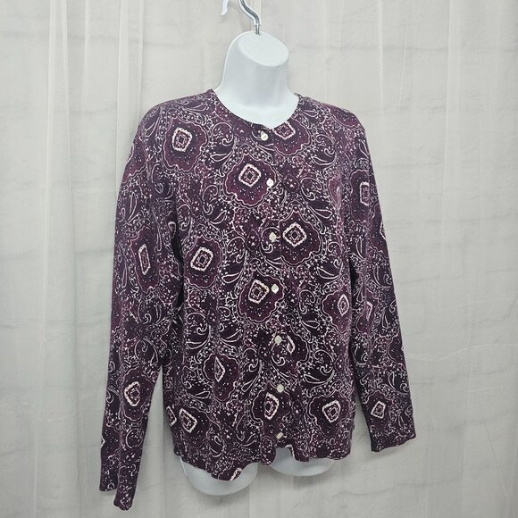 Vintage Lands' End Cardigan Sweater Purple Floral Boho Cotton Preppy Casual L - Picture 4 of 10